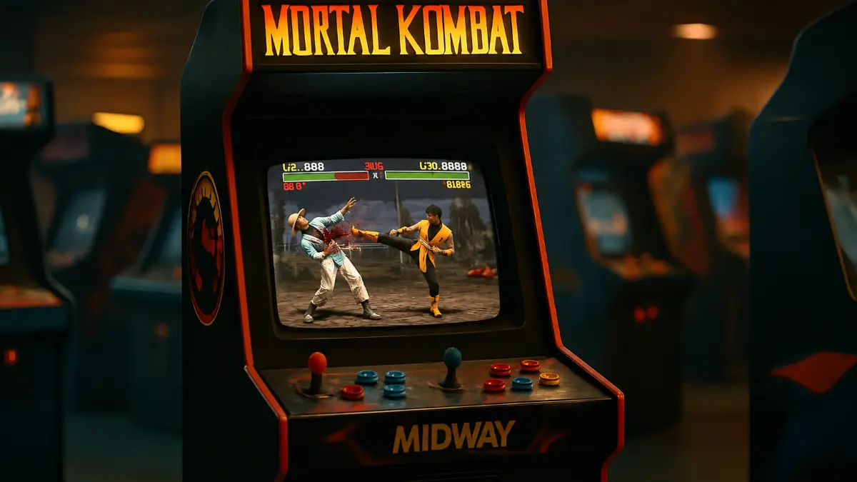 Arcade cabinet displaying a Mortal Kombat fight scene with two characters battling, surrounded by other arcade machines in dim lighting