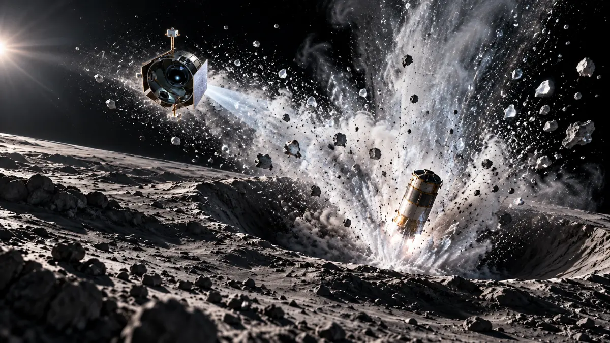 Spacecraft observing an explosion on the Moon's surface, debris and dust erupting into space against a dark starry background
