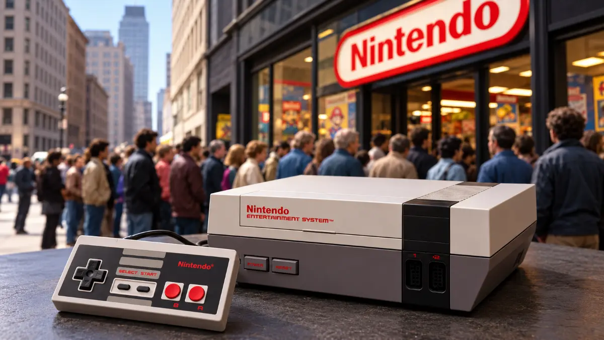 Classic Nintendo Entertainment System console and controller on a table with a crowd outside a Nintendo store in the background
