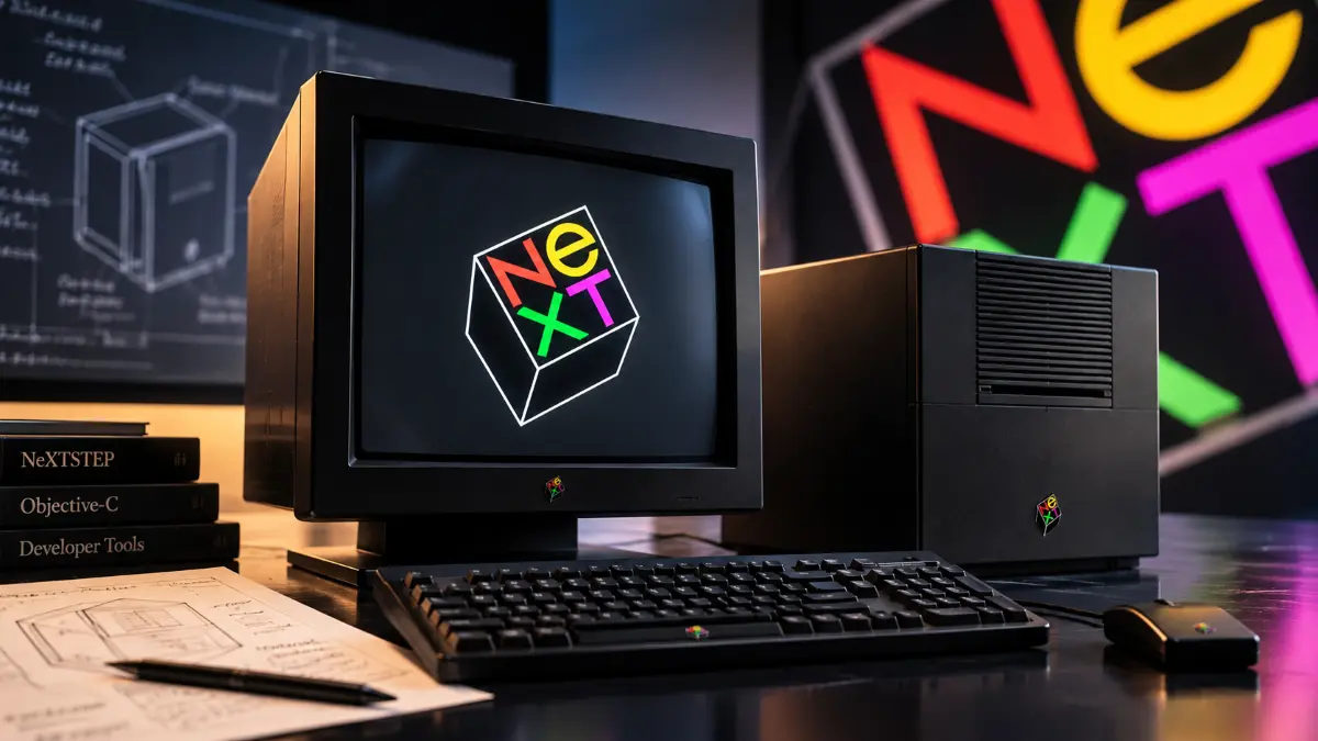 Classic NeXT computer setup with CRT monitor showing colorful NeXT logo, black keyboard, mouse, and tower on a reflective desk