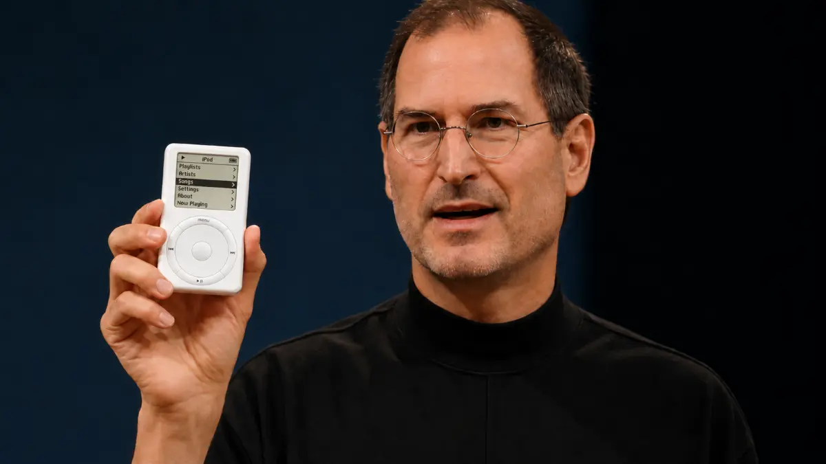 Man in black turtleneck holding original white iPod with menu screen visible, set against a dark background