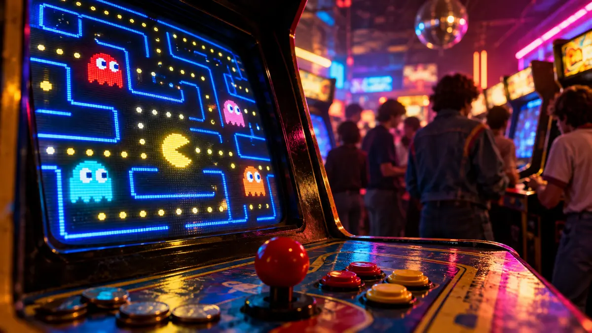 Vintage arcade cabinet with Pac-Man game on screen, joystick and buttons in foreground, people playing games in neon-lit arcade background