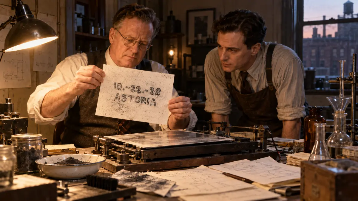 Two men in a workshop examine a sheet with "10-22-38 ASTORIA" printed, surrounded by vintage lab equipment and papers