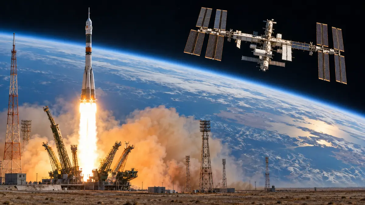 Soyuz rocket blasting off with Earth and the International Space Station visible in the background against a dark sky
