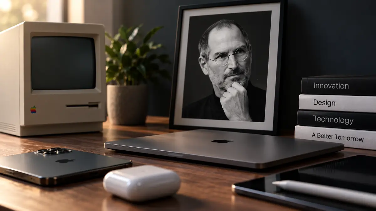 Desk with vintage Macintosh computer, modern Apple devices, framed photo of a thoughtful man, stack of books titled Innovation, Design, Technology