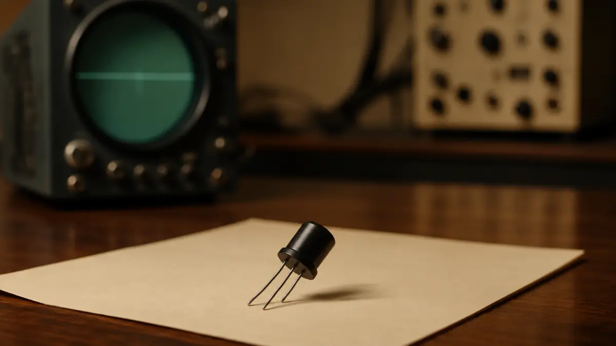 Small black transistor with three metal legs resting on a beige sheet, vintage electronic devices blurred in the background