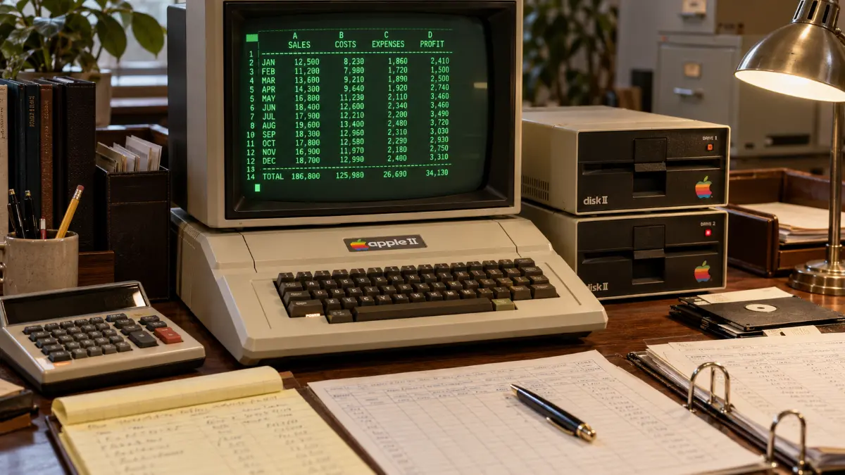 Vintage Apple II computer displaying a green text spreadsheet with columns for sales, costs, expenses, and profit on a wooden desk