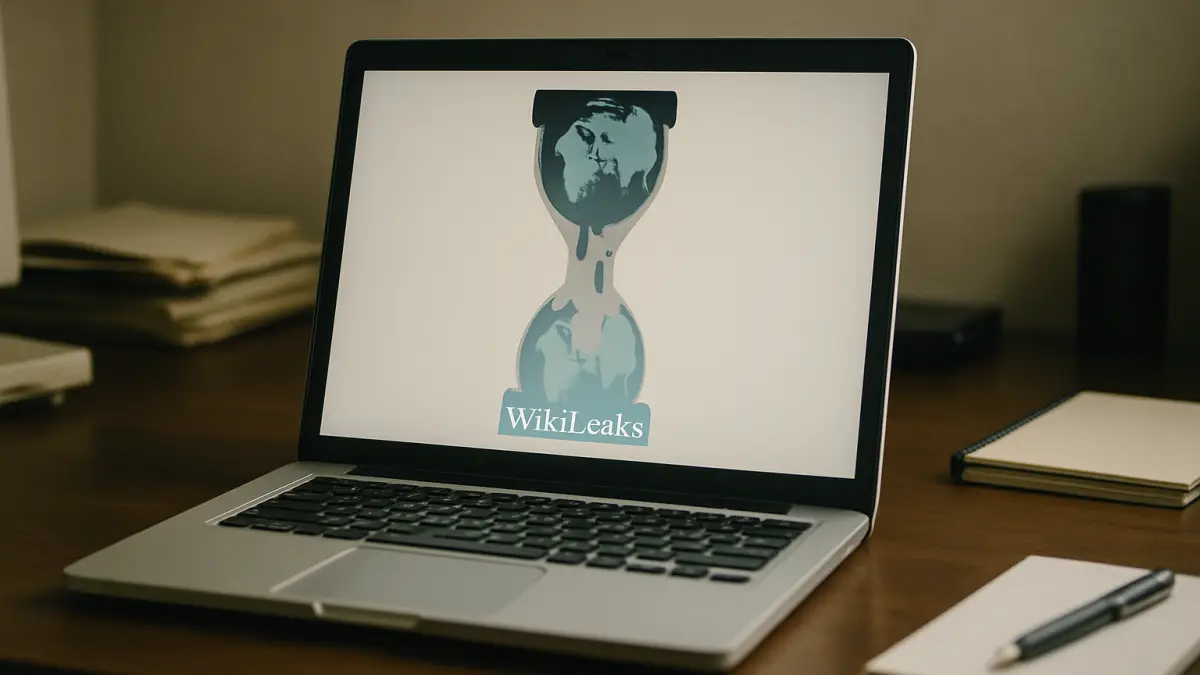 Laptop on a wooden desk displays the WikiLeaks hourglass logo, with folders, a notebook, and a pen nearby