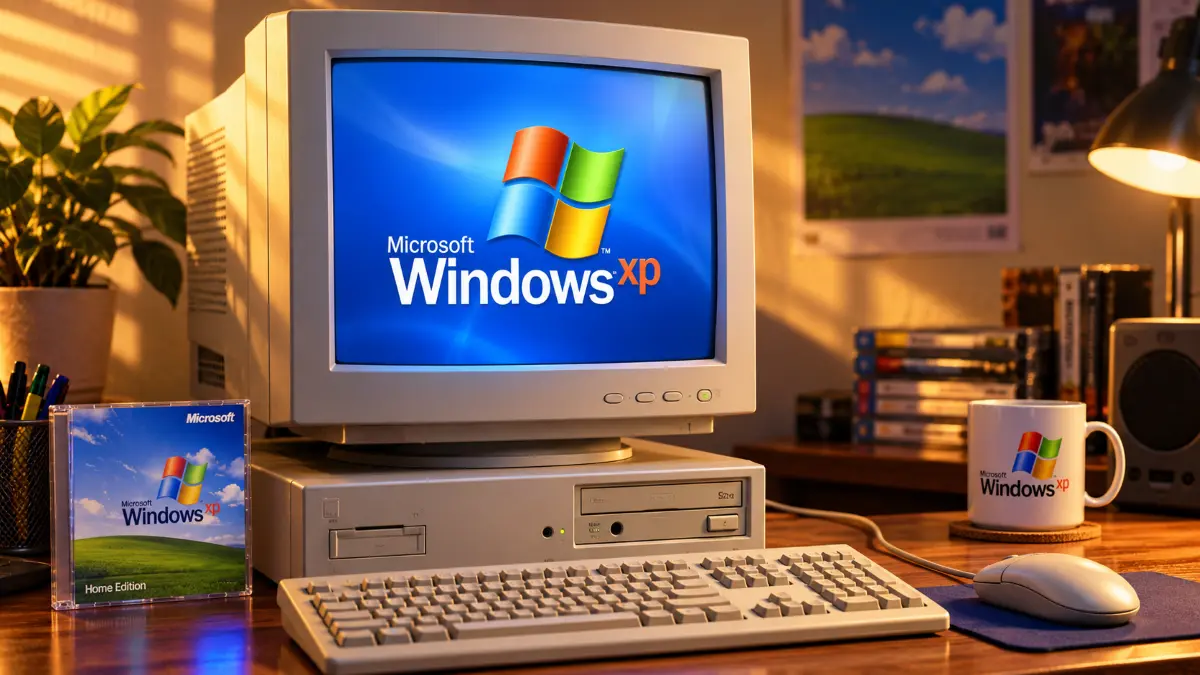 Retro desktop computer displaying the Windows XP logo, with a boxed software case and branded mug on a wooden desk