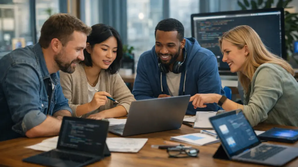 Diverse group of developers collaborating around laptops and tablets in a modern office, representing community perspectives and shared experiences with AI second brain tools