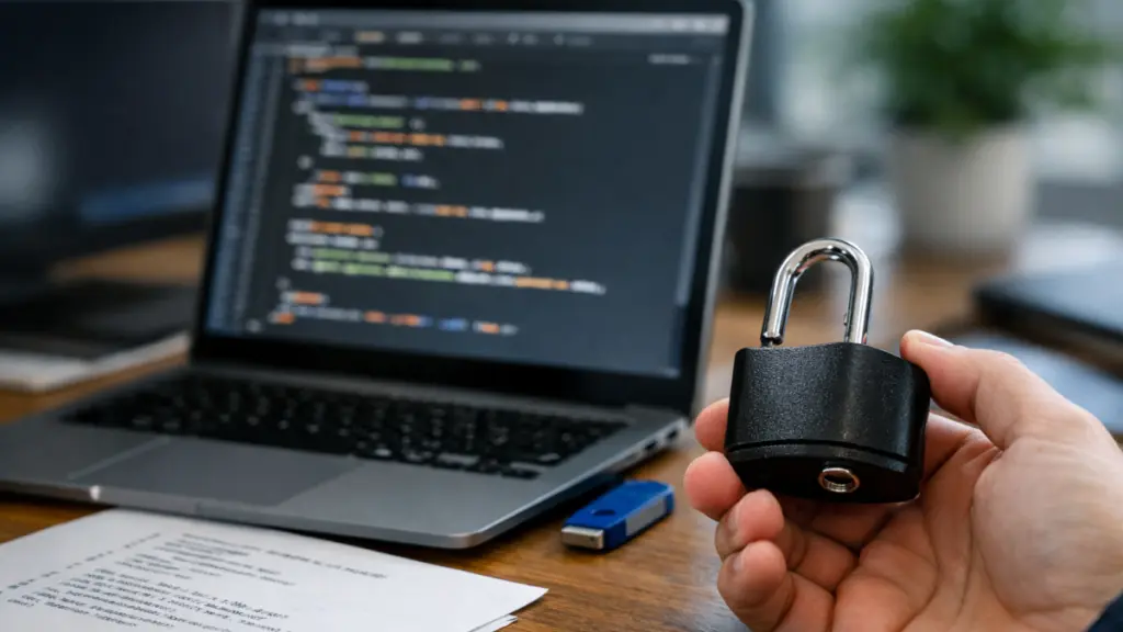 Hand holding open padlock in front of laptop displaying code, symbolizing data ownership, software licensing risks, and privacy concerns in AI knowledge management systems
