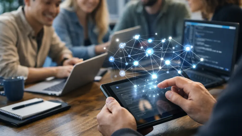 Team collaborating around laptops and tablet with digital neural network overlay representing AI models, API integration, and real-time knowledge processing workflows