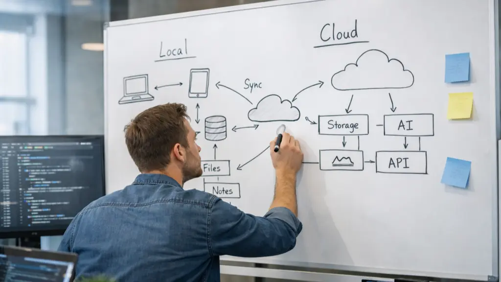 Engineer drawing a local-first vs cloud-first knowledge architecture diagram on a whiteboard showing sync flows between devices, storage systems, and AI services
