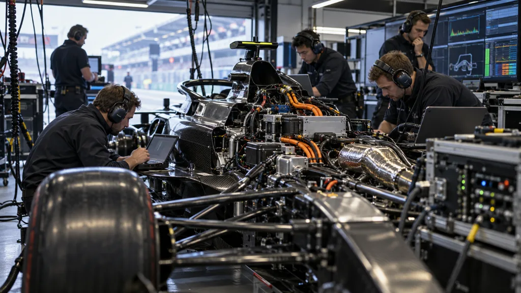 Technicians wearing headsets work on laptops around a Formula 1 car in a garage, with technical equipment and data screens nearby