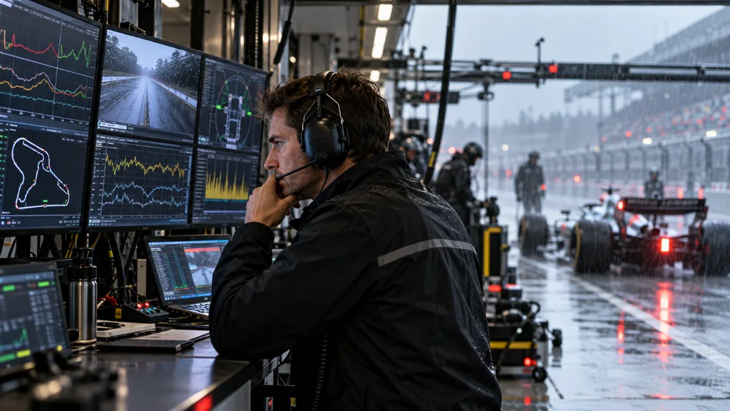 Man with headset monitoring race data on multiple screens inside a wet Formula 1 pit lane during rainy conditions