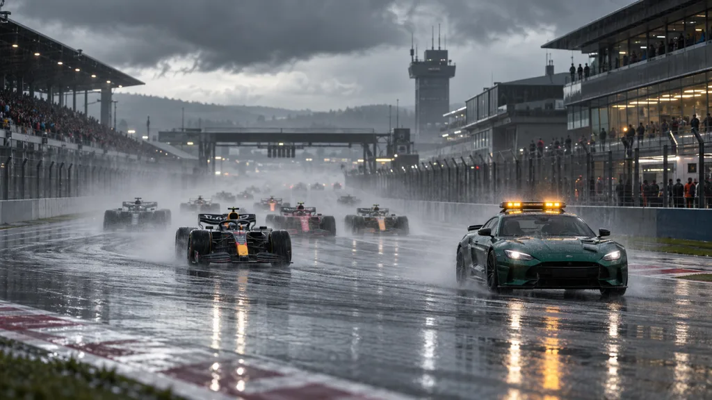 Wet Formula 1 race start behind a safety car on a rain-soaked track with grandstands and cloudy sky in the background