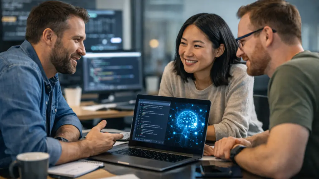 Software developers collaborating around a laptop displaying AI code interface, representing developer perspectives on AI-driven SaaS platforms