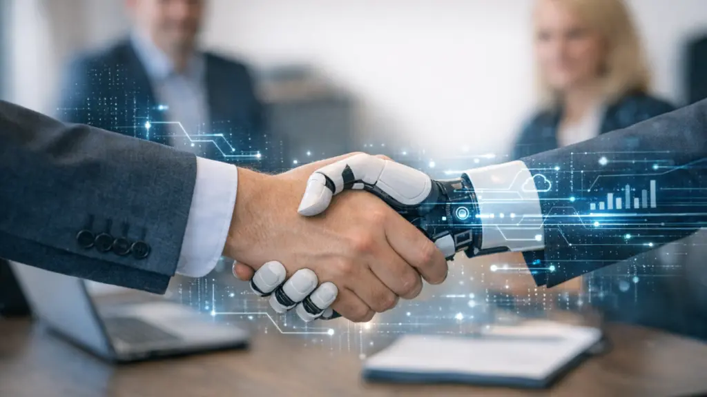 Business professional shaking hands with robotic hand symbolizing hybrid human-AI partnerships and outcome-based SaaS pricing models