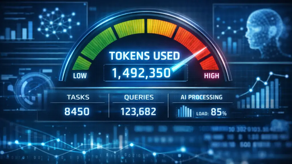 AI usage dashboard showing token consumption, task volume and query metrics representing consumption-based SaaS pricing and AI workload monitoring