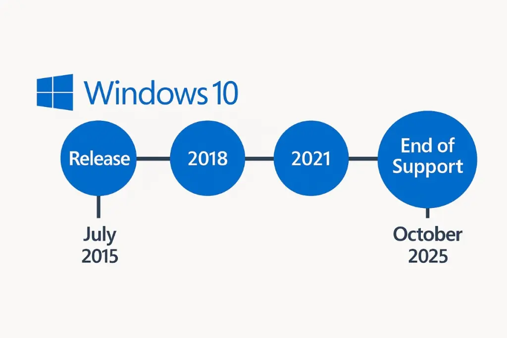Windows 10 lifecycle timeline showing release in July 2015 and end of support scheduled for October 2025 highlighting the operating system’s approaching end of life