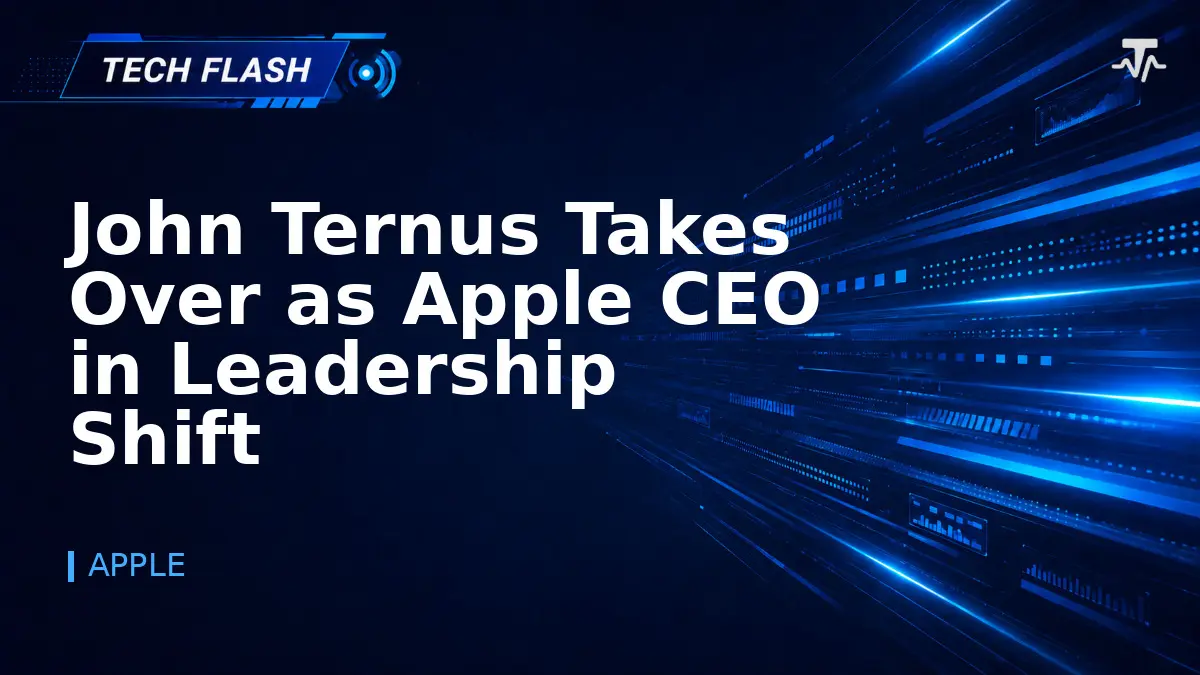Bold white text announcing John Ternus as Apple's new CEO on a dark blue background with digital light streaks and data visuals