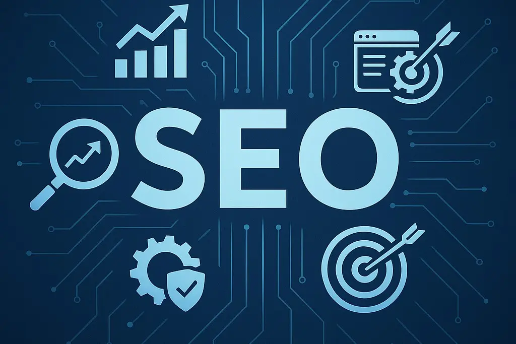 Illustration of the word SEO surrounded by digital marketing icons like charts, target, magnifying glass and analytics symbols on a blue tech background representing search optimization strategy and performance growth