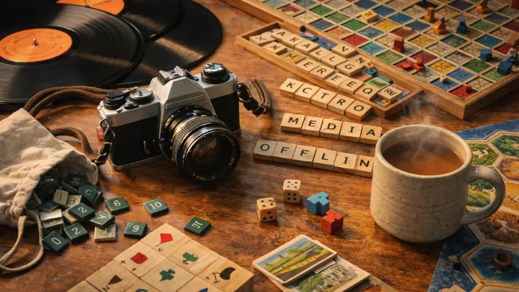 Analog revival objects on wooden desk including vinyl records, film camera, board games and ceramic mug representing offline culture and digital detox trends