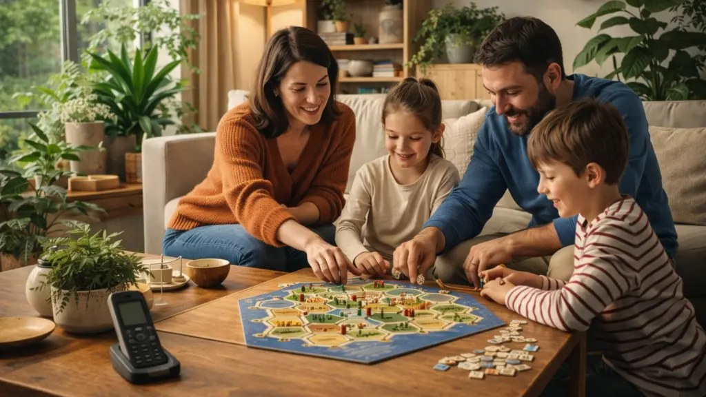 Family playing board game in biophilic living room with indoor plants and analog phone, illustrating screen-free connection and mindful home design