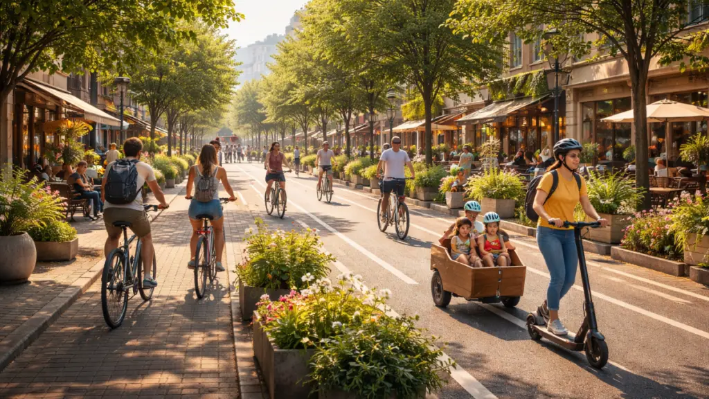 Urban street with cyclists, cargo bikes and e-scooters surrounded by greenery showing micromobility and sustainable city design prioritizing people over cars