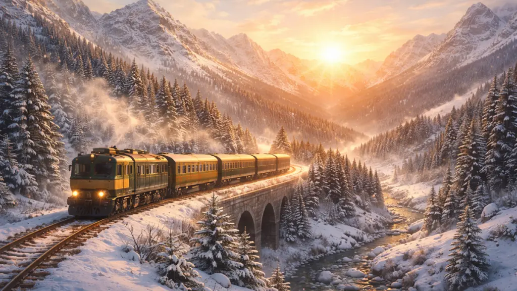 Vintage train traveling through snow-covered mountain landscape at sunrise symbolizing slow travel, sustainability and mindful mobility trends