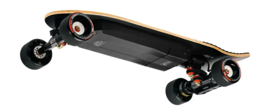 Black electric skateboard with wooden deck and large wheels, shown from a low angle against a white background