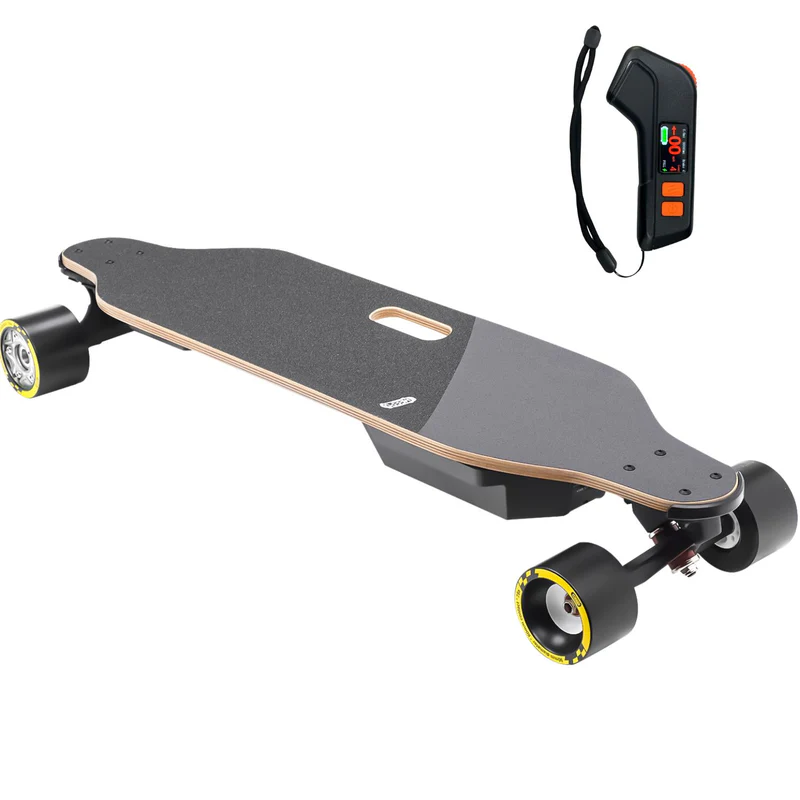 Electric skateboard with black grip tape, wooden deck, large black wheels with yellow accents, and a black handheld remote control