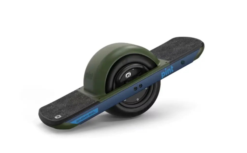 Single-wheel electric skateboard with black grip pads, blue frame accents, and "pint" branding on the side