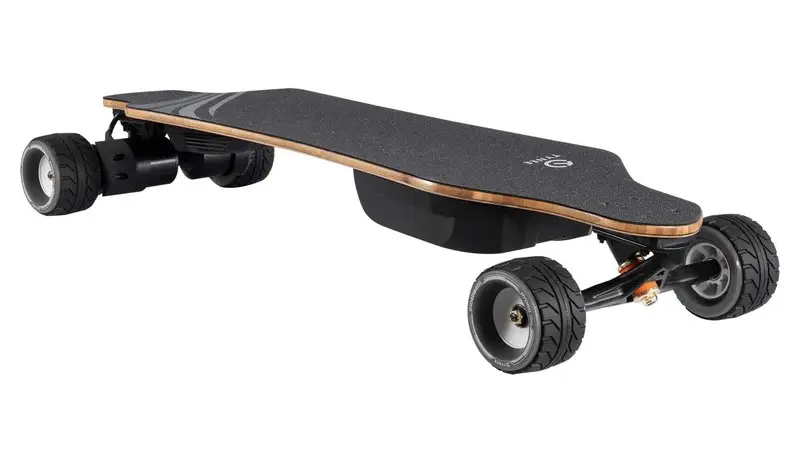 Longboard-style electric skateboard with large wheels and a black grip tape deck, shown against a white background