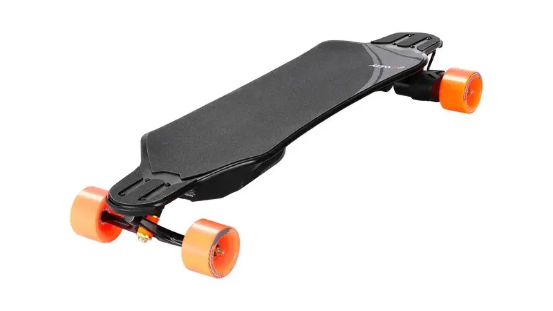 Sleek black electric skateboard with bright orange wheels against a white background