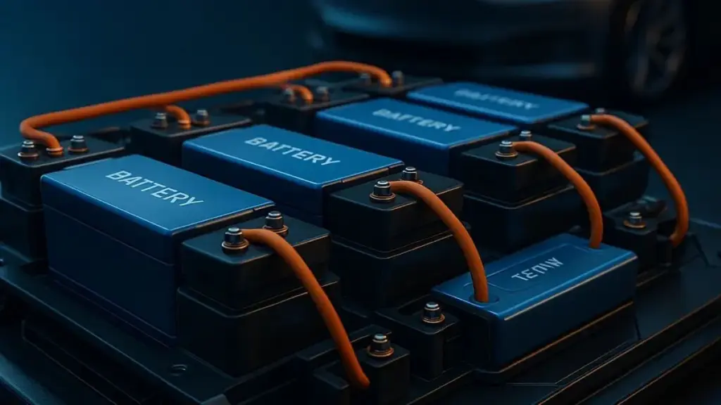 Several blue battery packs connected by orange cables in a dark environment, highlighting electric vehicle power components