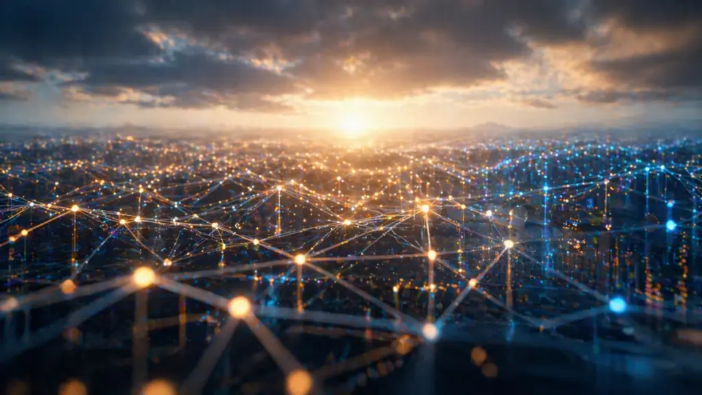 Abstract digital network connecting across a city landscape, representing large-scale data flow and modern encryption systems