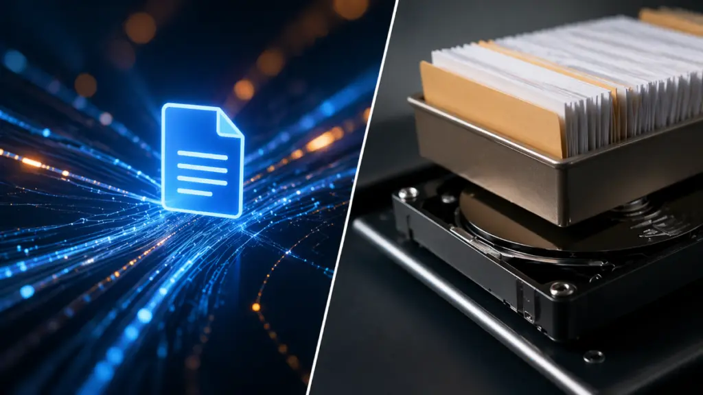 Split scene showing data moving through a network and files stored on a hard drive, illustrating data in transit versus data at rest