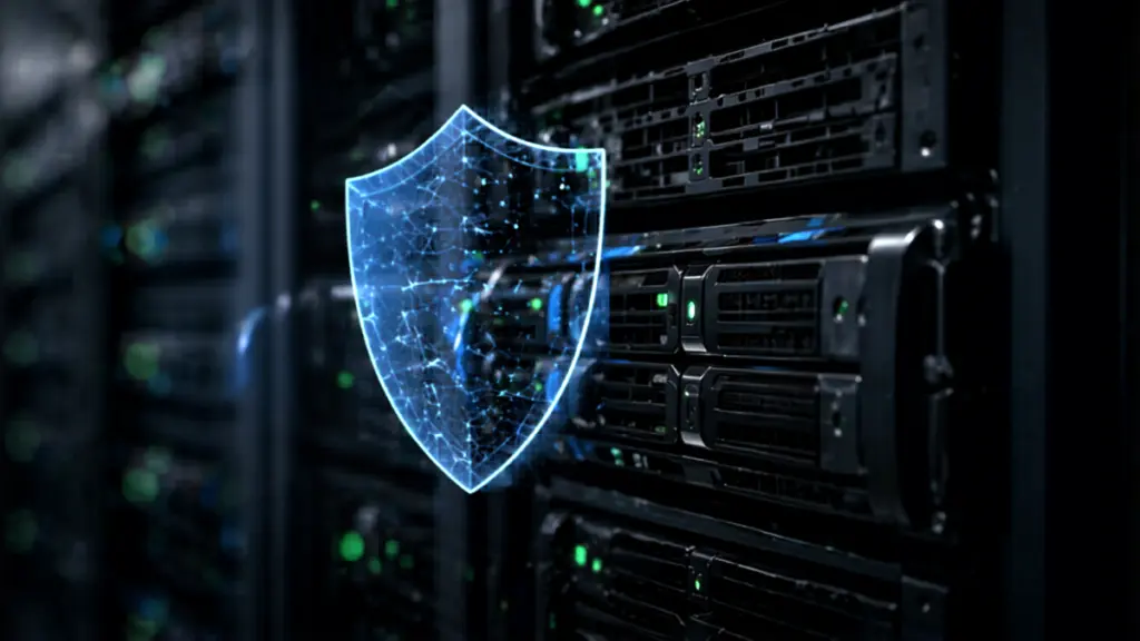 Server infrastructure protected by a digital security shield, symbolizing encryption and data protection at rest