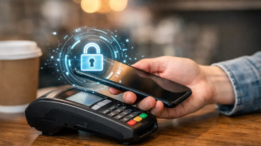Contactless payment using smartphone at card terminal with digital lock overlay symbolizing encrypted transactions.