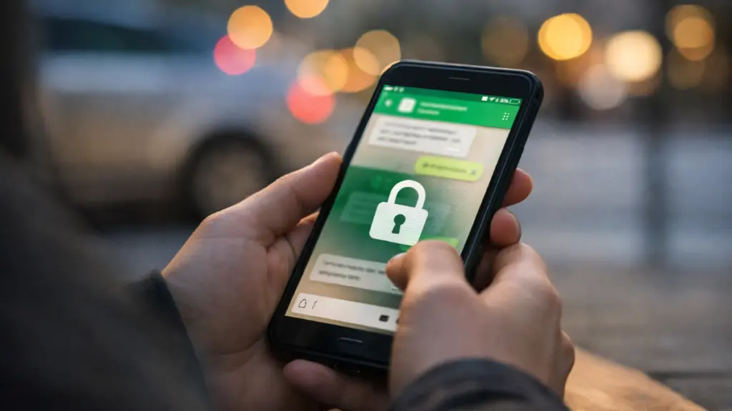 Hands holding smartphone with messaging app showing padlock icon indicating end-to-end encryption.