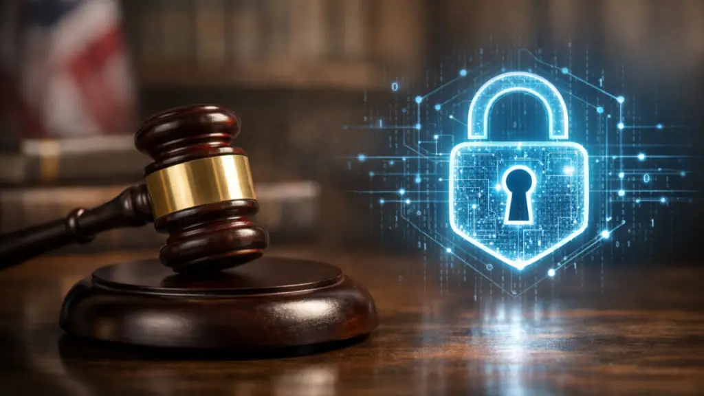 Judge's gavel and digital padlock overlay illustrating the debate between law enforcement access and data privacy.
