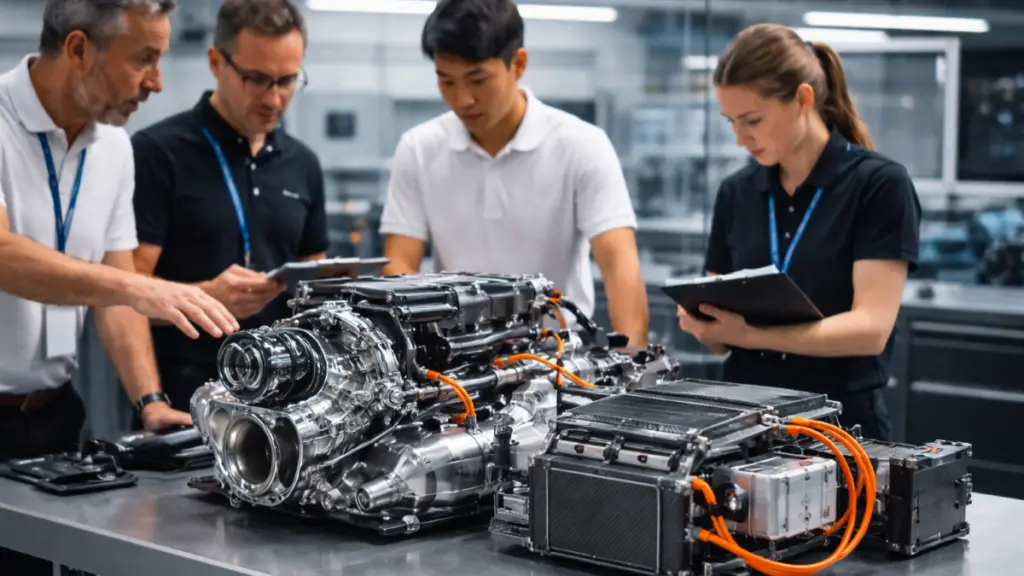Engineers analyzing Formula 1 hybrid power unit combining turbocharged V6 engine, battery system and motor generator technology