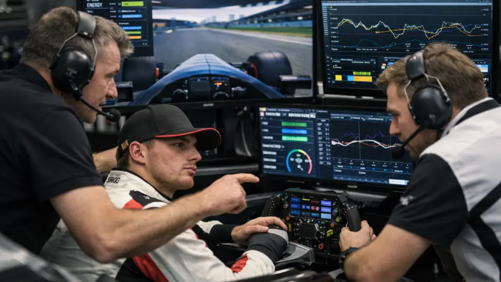 Formula 1 driver and engineers using AI-driven digital twin simulation and real-time telemetry data for race strategy optimization