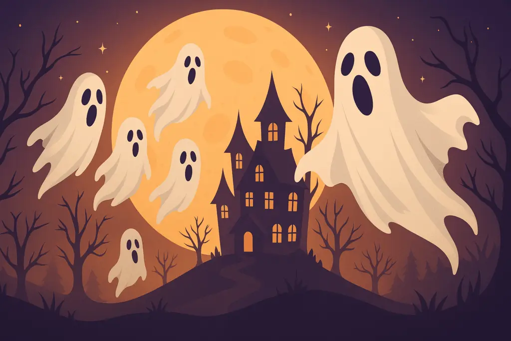 Floating ghosts with shocked expressions surround a haunted house on a hill under a large glowing full moon