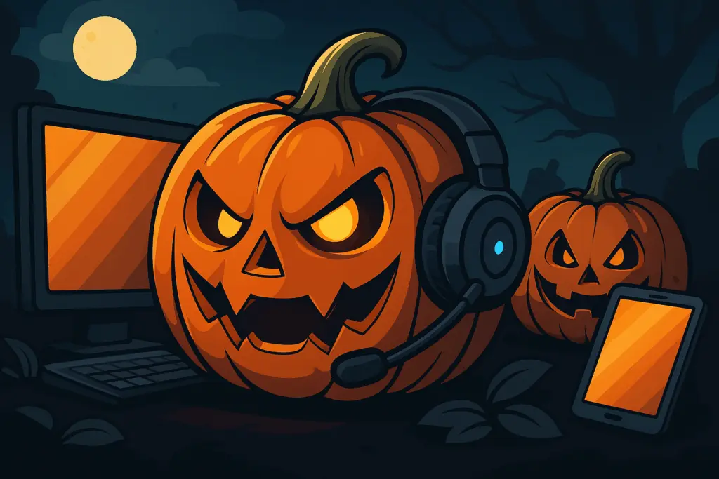 Two glowing jack-o'-lanterns, one wearing a gaming headset, surrounded by a computer monitor and smartphone under a full moon