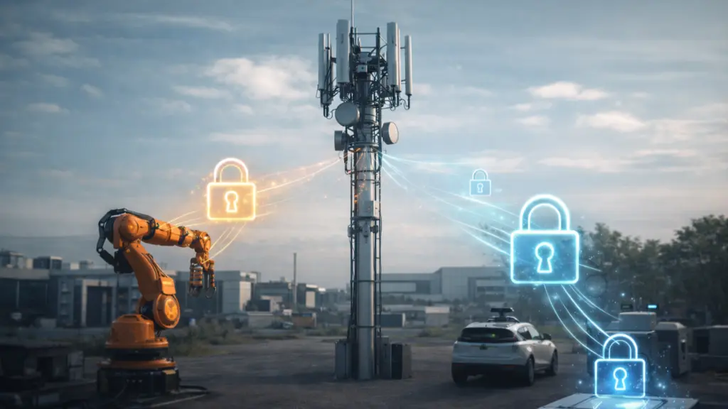 5G cell tower connecting industrial devices with padlocks indicating encrypted links