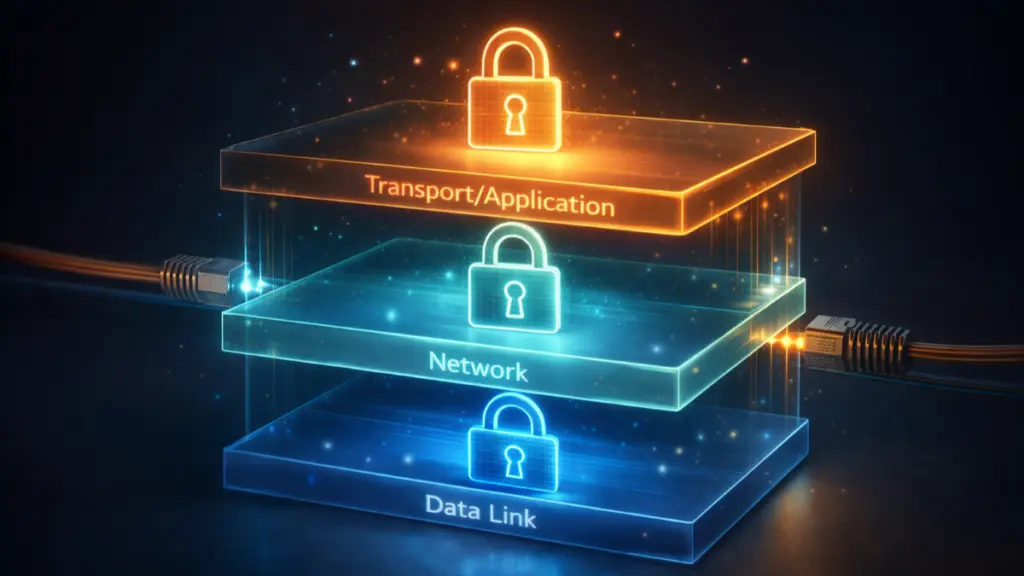 Conceptual diagram of the OSI model with highlighted layers for MACsec, IPsec and TLS