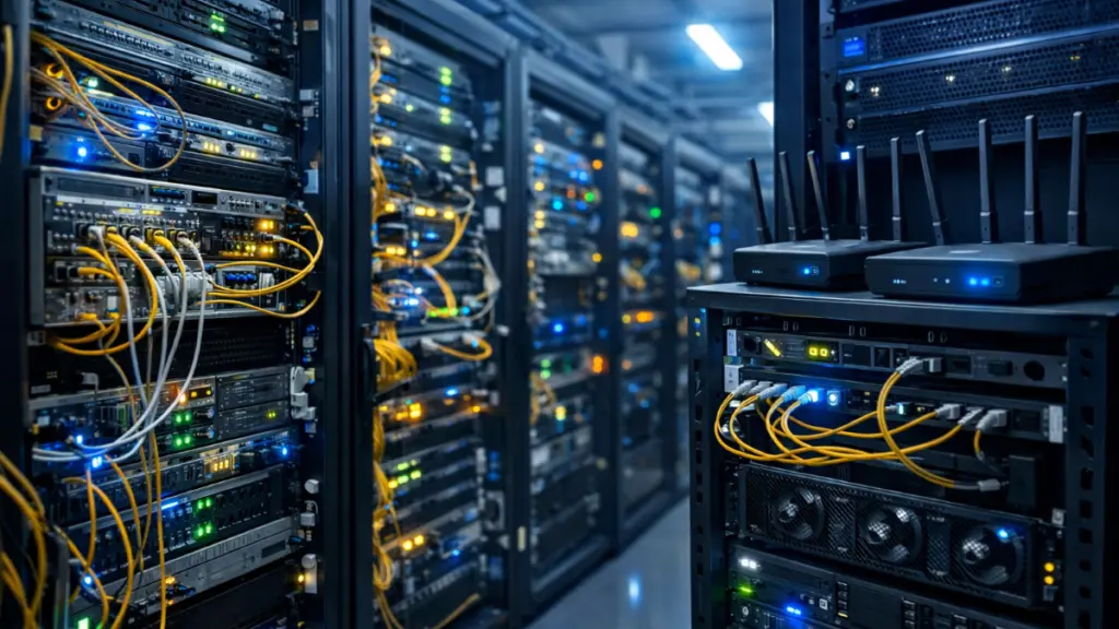 Data center racks with fiber networking hardware and Wi-Fi infrastructure representing stadium connectivity powering Super Bowl LX