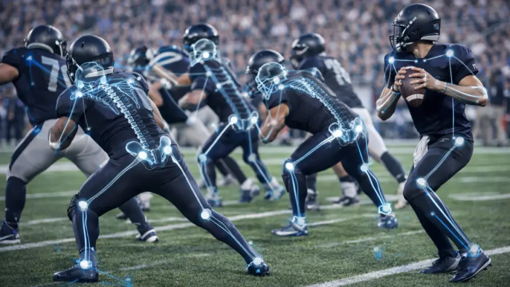 NFL players with digital skeleton tracking overlay illustrating Hawk-Eye optical measurement and real-time motion analytics at Super Bowl LX